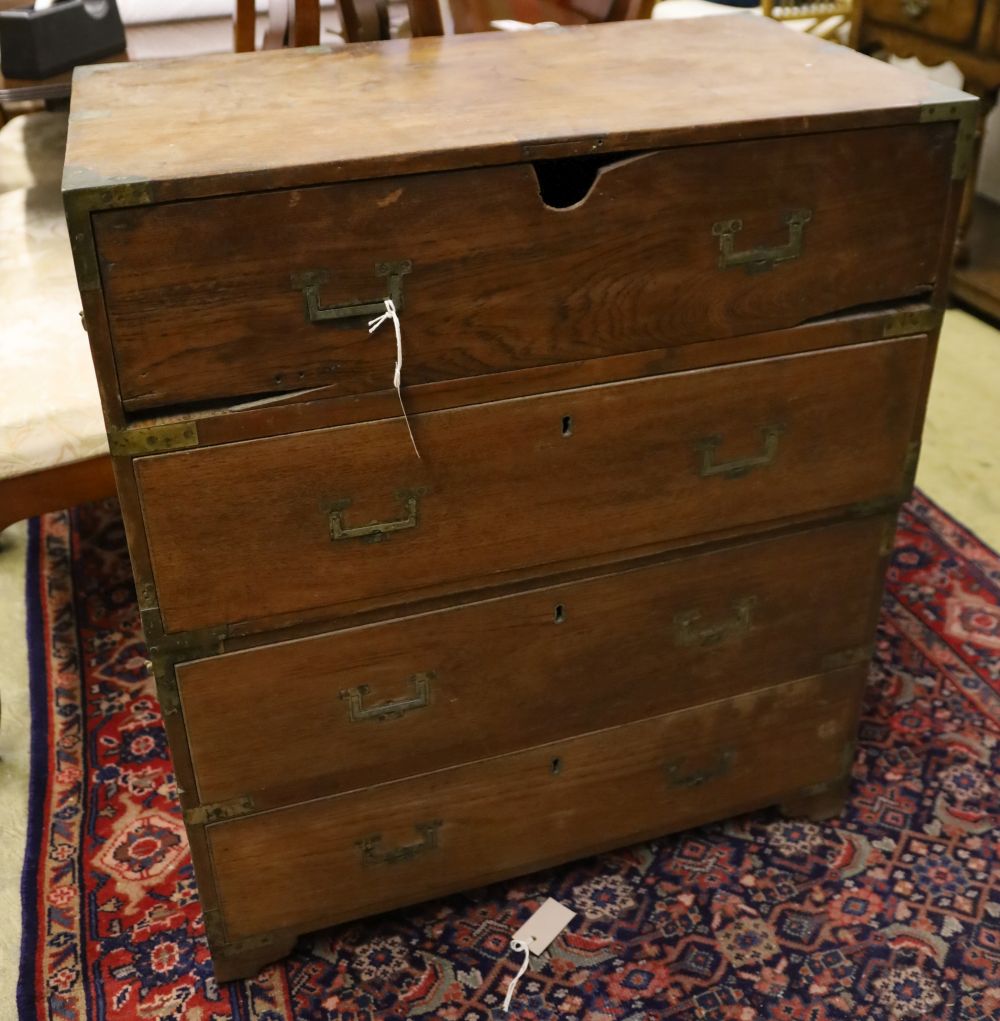 A small Victorian teak secretaire campaign chest, width 74cm, depth 40cm, height 86cm